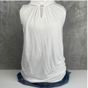 Cabi White Sleeveless Knotted High Neck Keyhole Blouse Rayon Knit Top 5756 Small